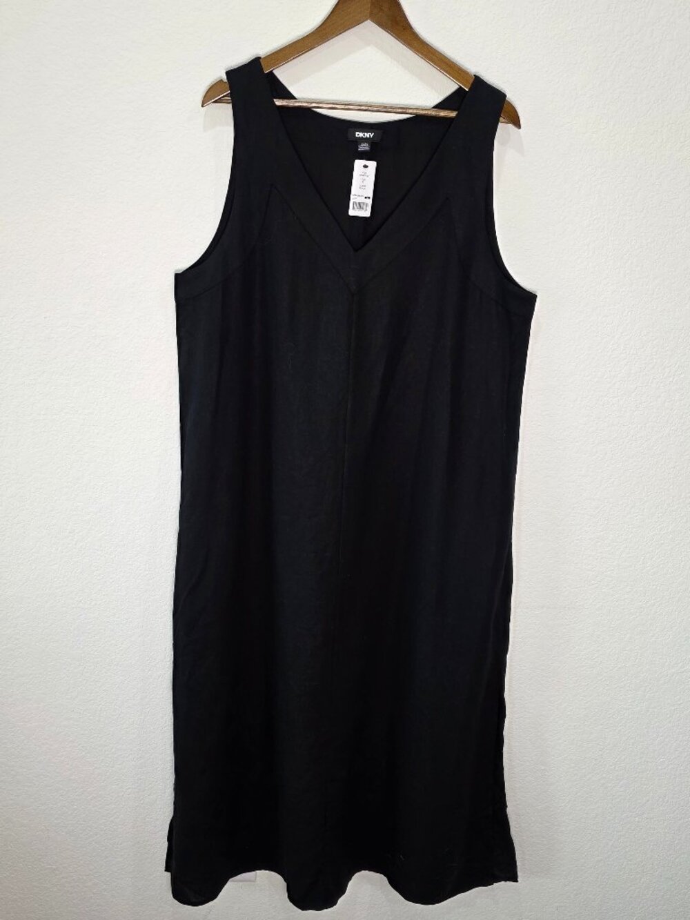 NWT DKNY Black Linen Viscose V-Neck Sleeveless Maxi Dress XL